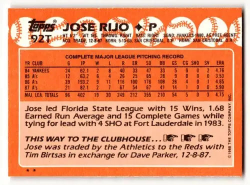 Original gloss 92t Jose Rijo Cincinnati Reds baseball card in excellent condition