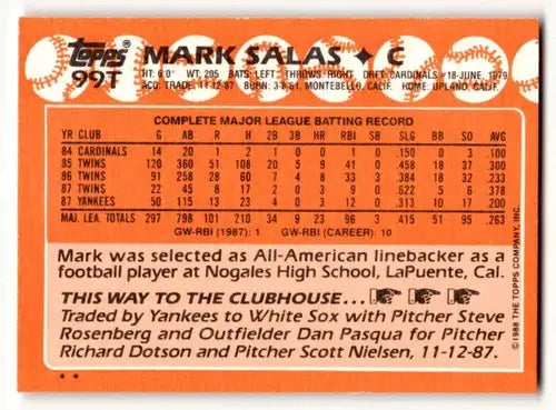 Vintage Topps Mark Salas baseball card with original gloss from 1988 Topps Traded 99T Mark Salas Chicago White Sox