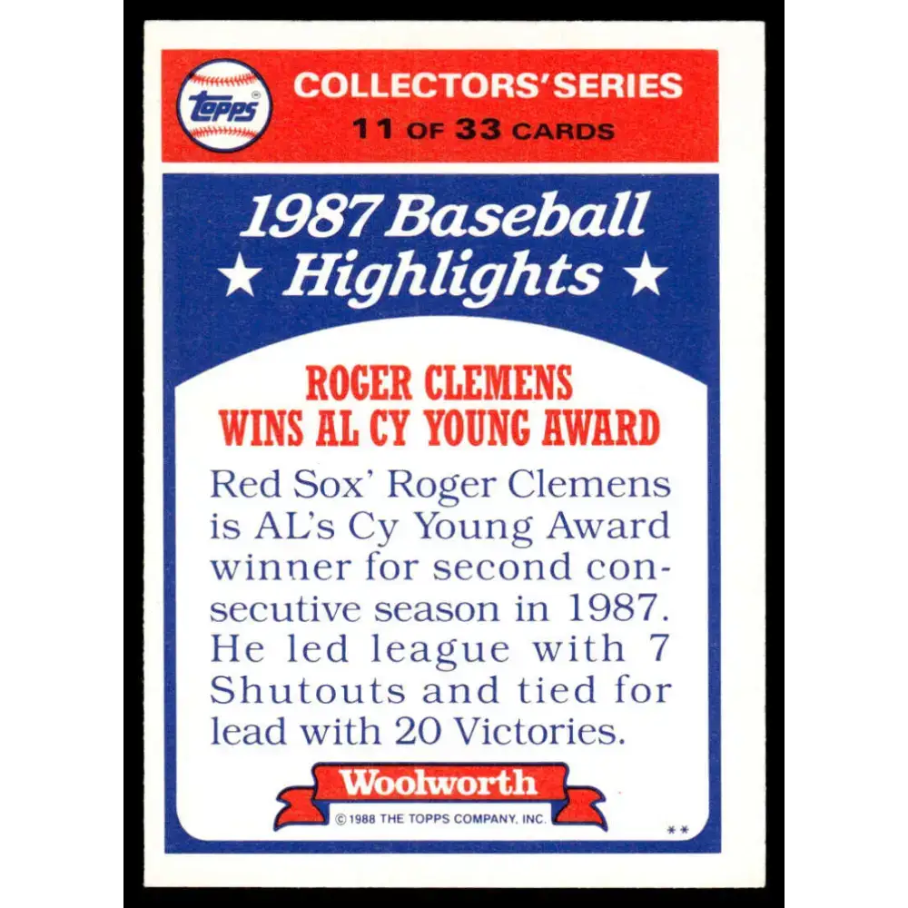1988 Topps Woolworth Baseball Highlights #11 Roger Clemens EX/NM Boston Red Sox Baseball Card - Baseball Card Single