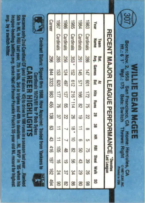 1988 Willie McGee Donruss Baseball Card #307 - Baseball Card Single