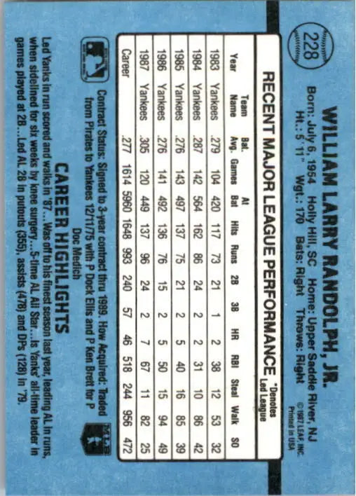 1988 Willie Randolph Donruss Baseball Card #228 - Baseball Card Single