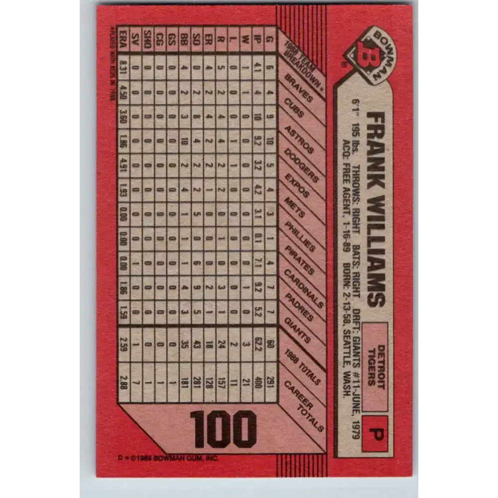 1989 Bowman #100 Frank Williams NM-MT Detroit Tigers Baseball Card - Baseball Card Single