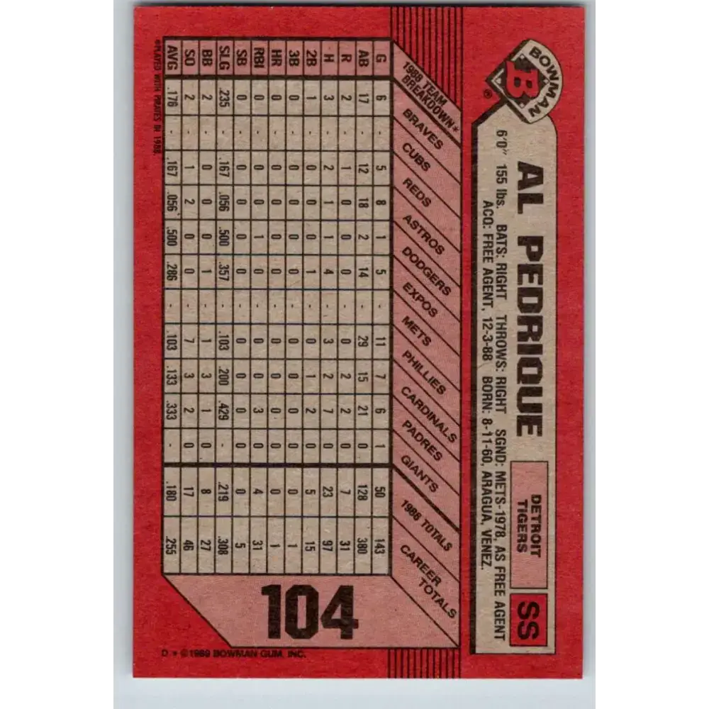 1989 Bowman #104 Al Pedrique NM-MT Detroit Tigers Baseball Card - Baseball Card Single