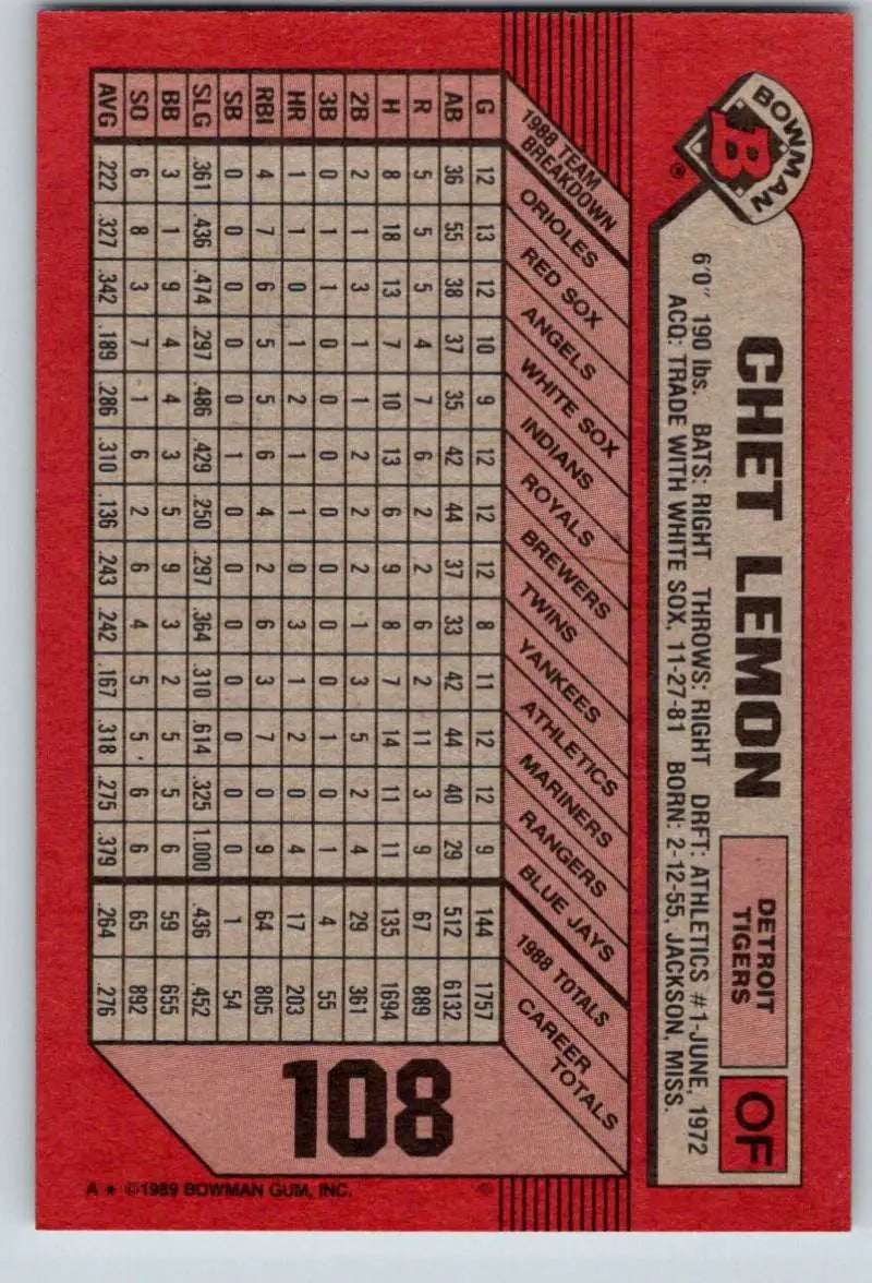 1989 Bowman #108 Chet Lemon NM-MT Detroit Tigers Baseball Card - Baseball Card Single