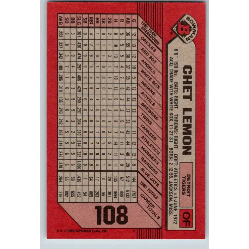 1989 Bowman #108 Chet Lemon NM-MT Detroit Tigers Baseball Card - Baseball Card Single