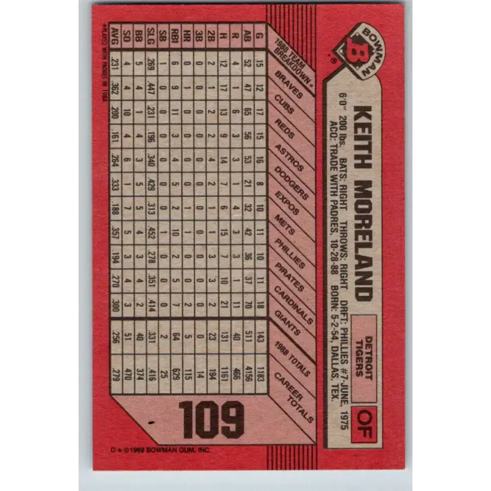 1989 Bowman #109 Keith Moreland NM-MT Detroit Tigers Baseball Card - Baseball Card Single