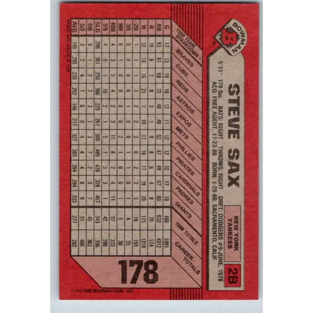 1989 Bowman #178 Steve Sax NM-MT New York Yankees Baseball Card - Baseball Card Single