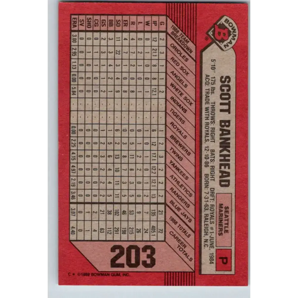 1989 Bowman #203 Scott Bankhead NM-MT Seattle Mariners Baseball Card - Baseball Card Single