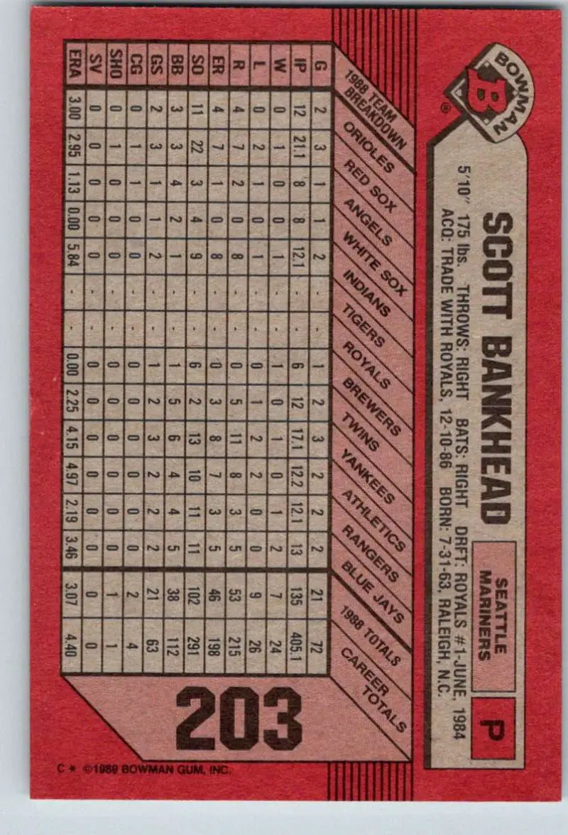 1989 Bowman #203 Scott Bankhead NM-MT Seattle Mariners Baseball Card - Baseball Card Single