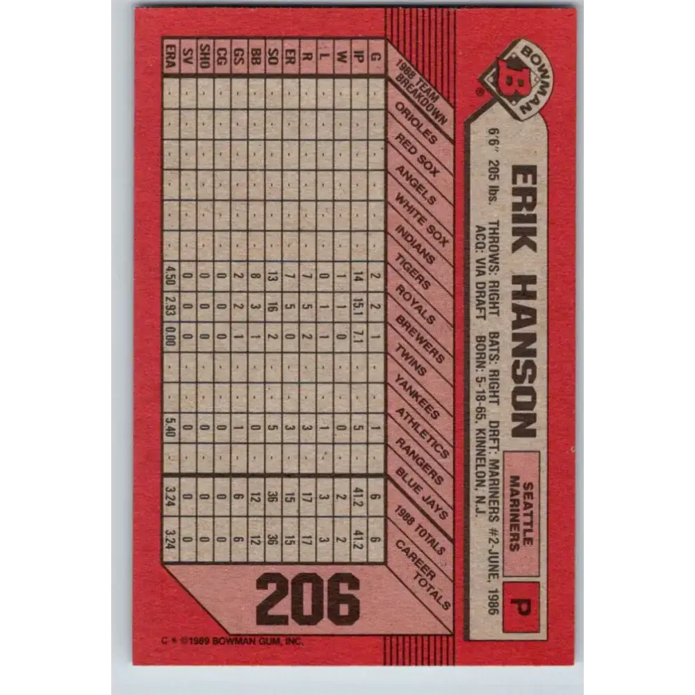 1989 Bowman #206 Erik Hanson NM-MT RC Rookie Seattle Mariners Baseball Card - Baseball Card Single