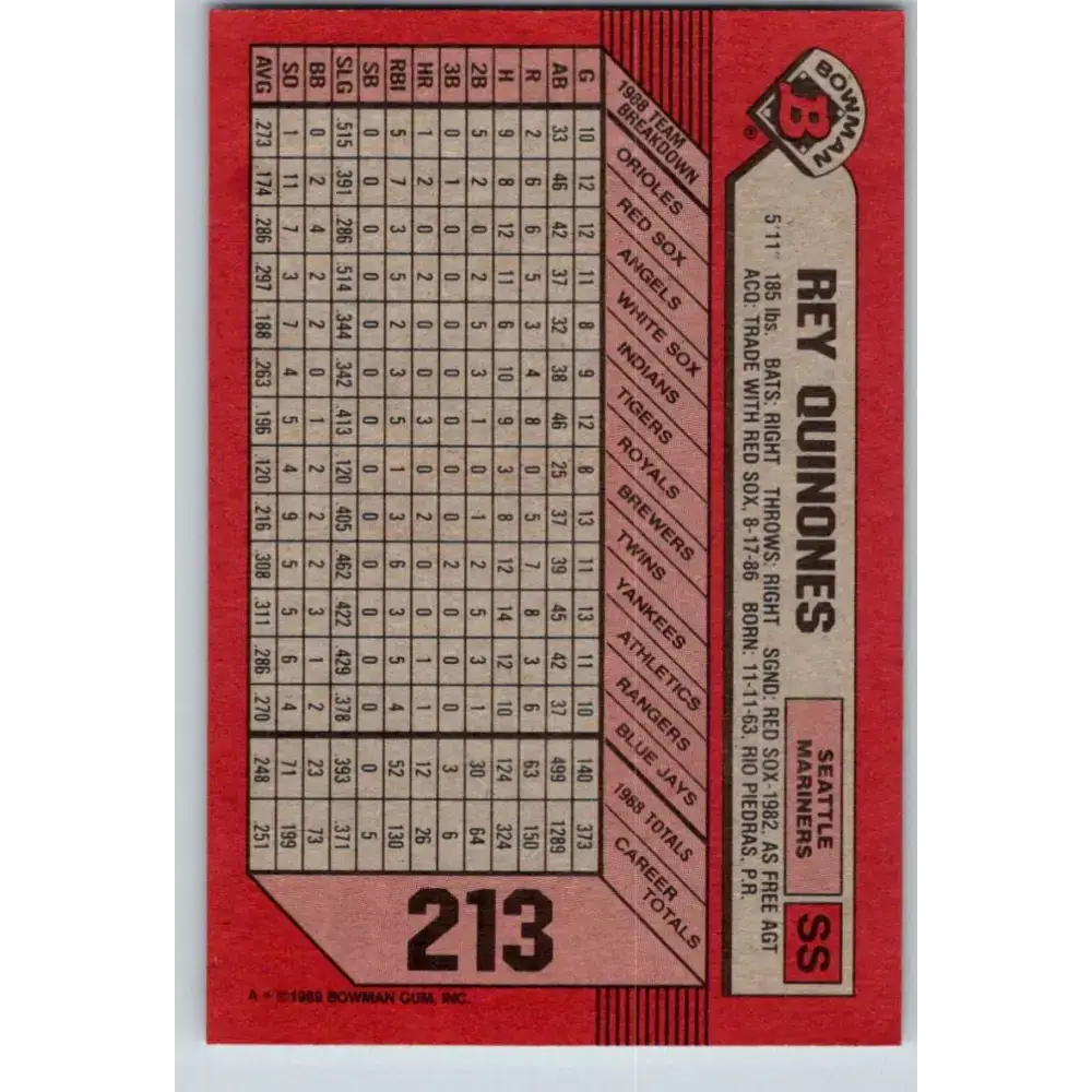 1989 Bowman #213 Rey Quinones NM-MT Seattle Mariners Baseball Card - Baseball Card Single