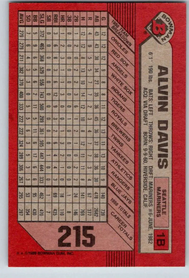 1989 Bowman #215 Alvin Davis NM-MT Seattle Mariners Baseball Card - Baseball Card Single