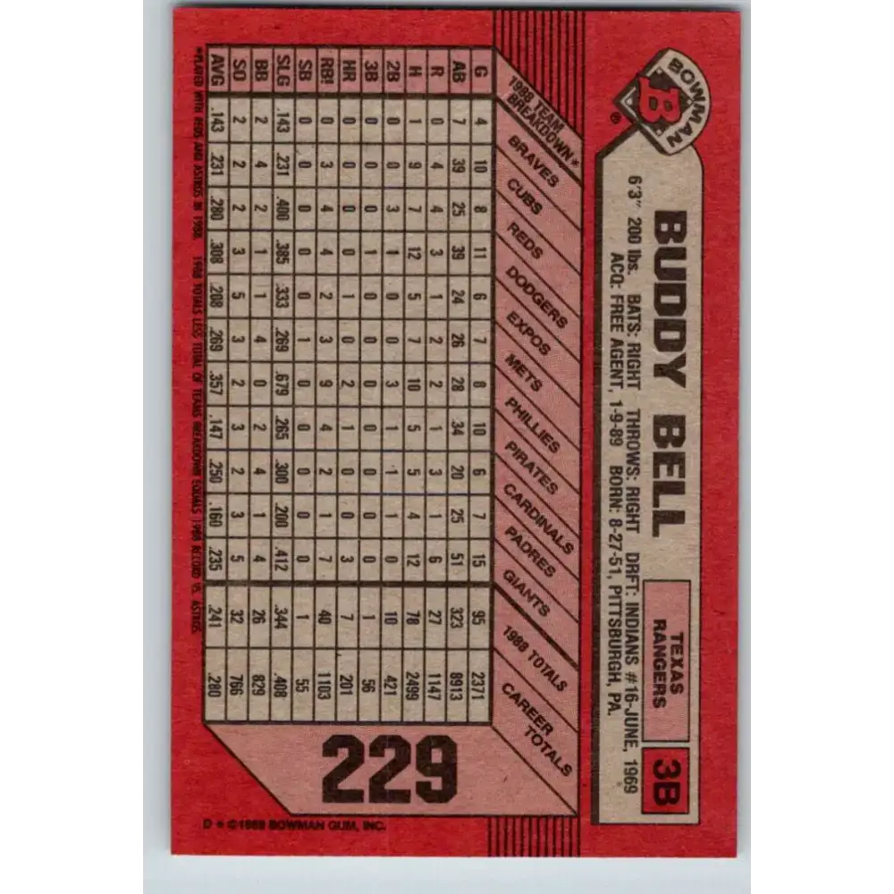 1989 Bowman #229 Buddy Bell NM-MT Texas Rangers Baseball Card - Baseball Card Single