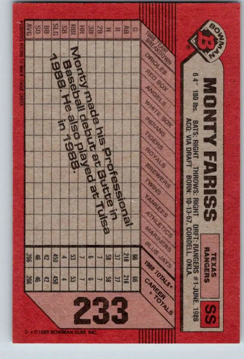 1989 Bowman #233 Monty Fariss NM-MT RC Rookie Texas Rangers Baseball Card - Baseball Card Single