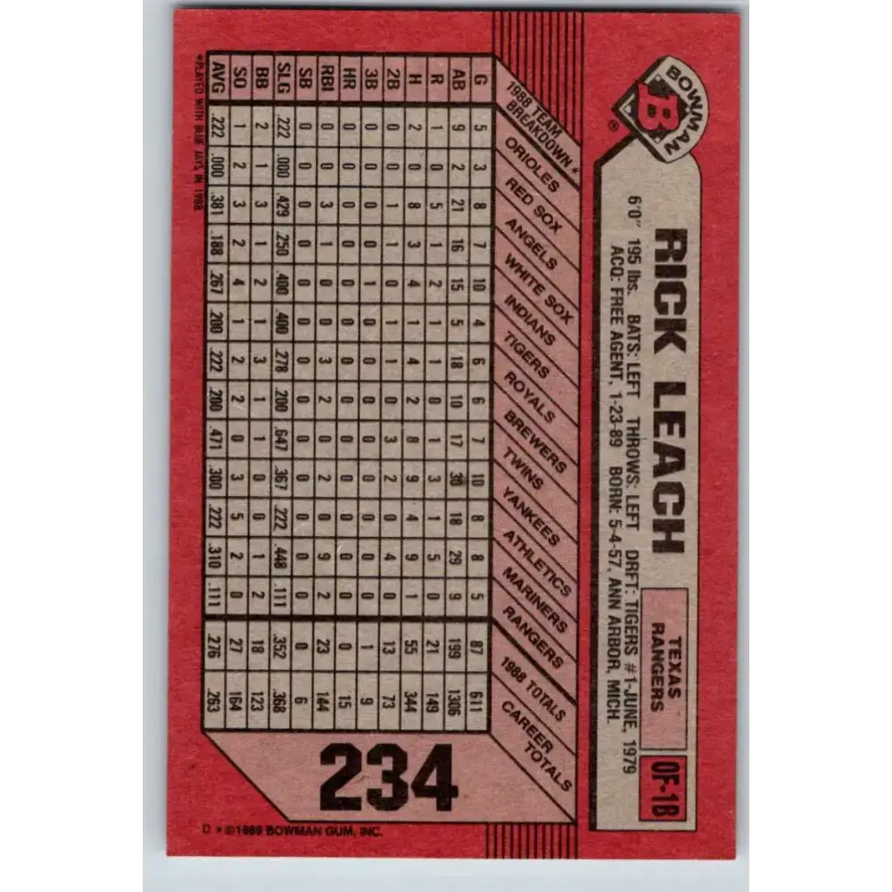 1989 Bowman #234 Rick Leach NM-MT Texas Rangers Baseball Card - Baseball Card Single