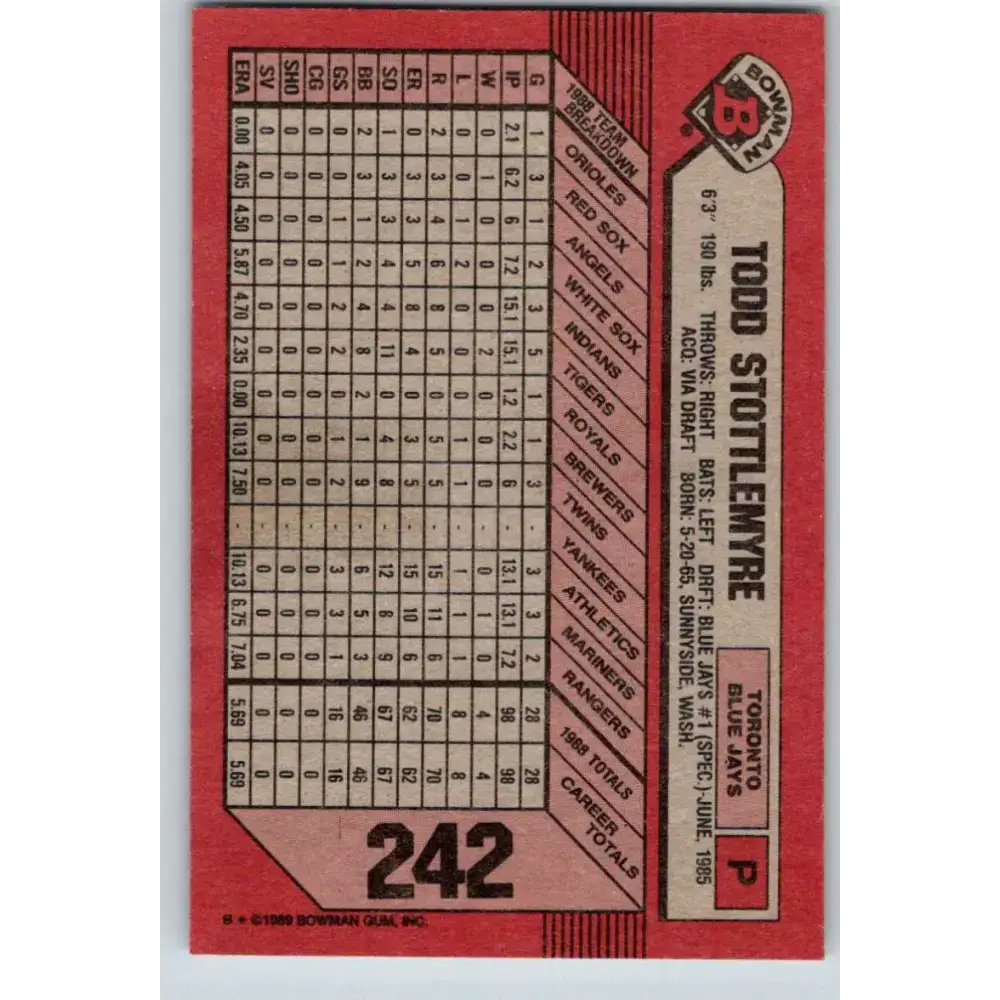 1989 Bowman #242 Todd Stottlemyre NM-MT Toronto Blue Jays Baseball Card - Baseball Card Single