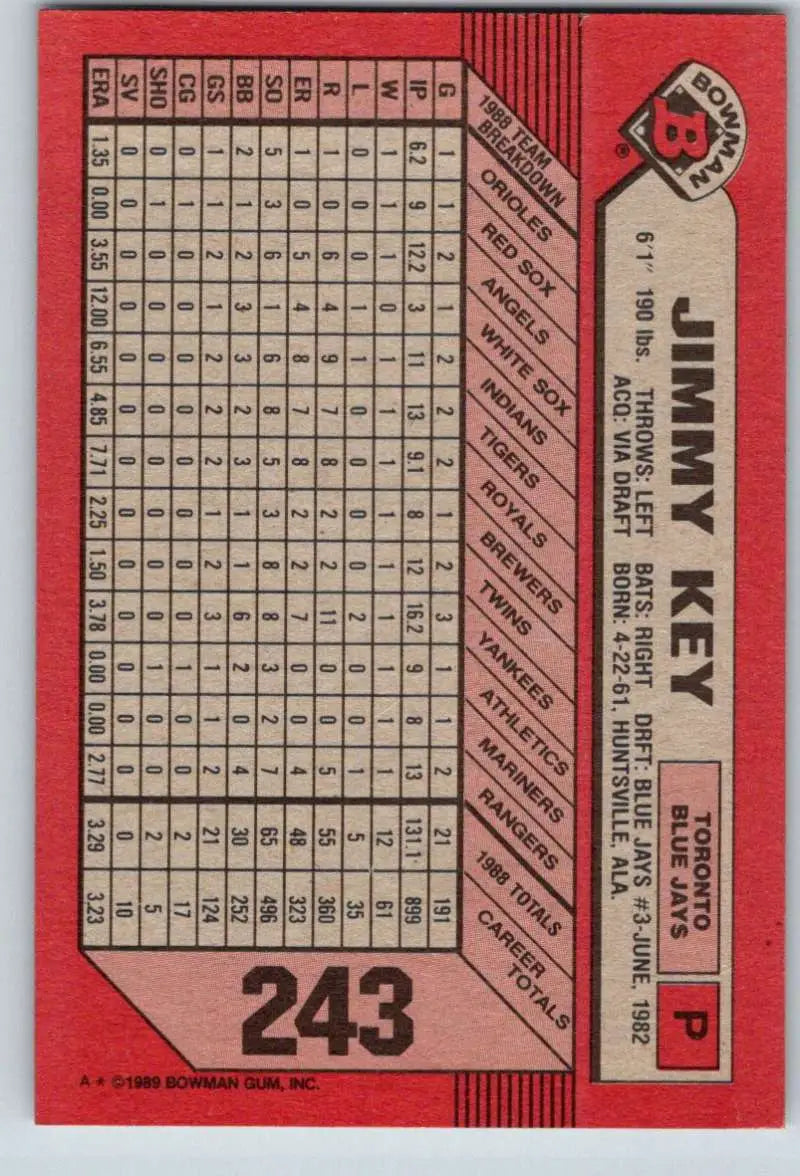 1989 Bowman #243 Jimmy Key NM-MT Toronto Blue Jays Baseball Card - Baseball Card Single