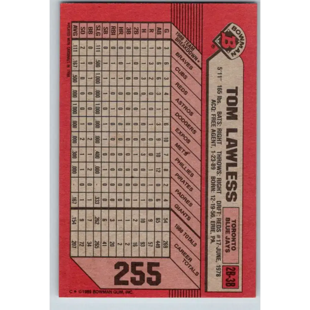 1989 Bowman #255 Tom Lawless NM-MT Toronto Blue Jays Baseball Card - Baseball Card Single