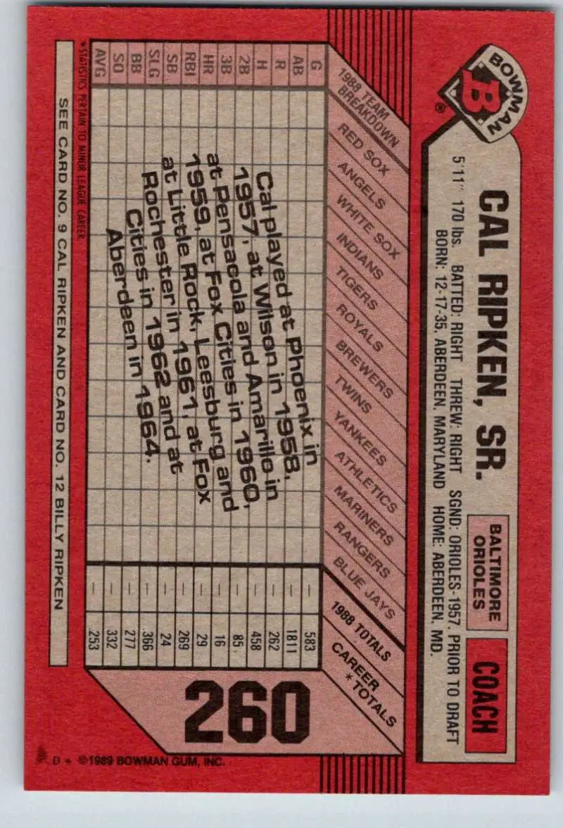 1989 Bowman #260 Cal Ripken Sr./Cal Ripken Jr./Billy Ripken NM-MT Baltimore Orioles Baseball Card - Baseball Card Single