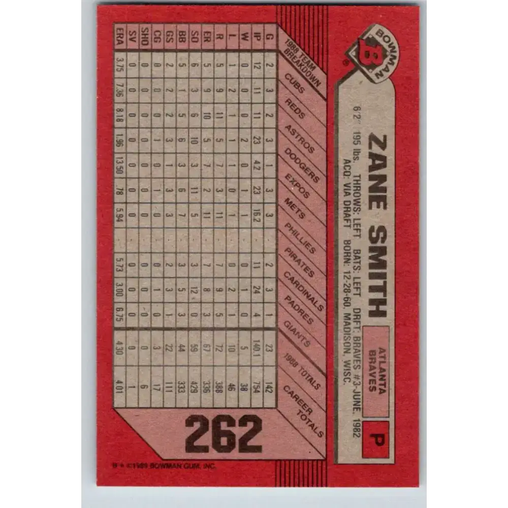 1989 Bowman #262 Zane Smith NM-MT Atlanta Braves Baseball Card - Baseball Card Single