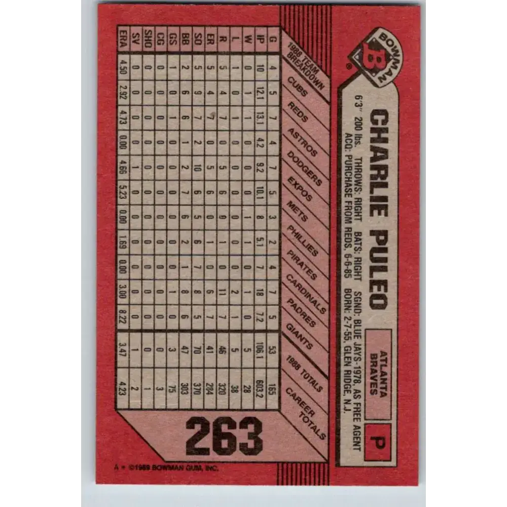 1989 Bowman #263 Charlie Puleo NM-MT Atlanta Braves Baseball Card - Baseball Card Single