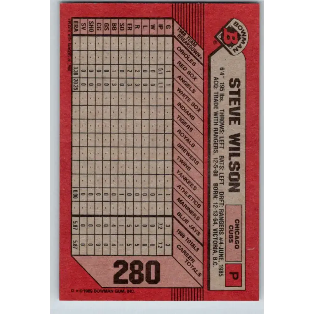 1989 Bowman #280 Steve Wilson NM-MT RC Rookie Chicago Cubs Baseball Card - Baseball Card Single