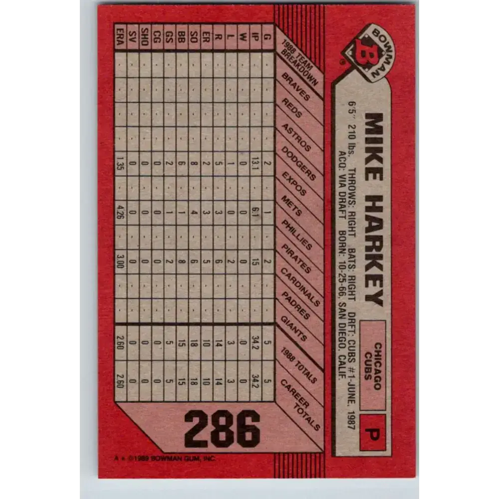 1989 Bowman #286 Mike Harkey NM-MT RC Rookie Chicago Cubs Baseball Card - Baseball Card Single