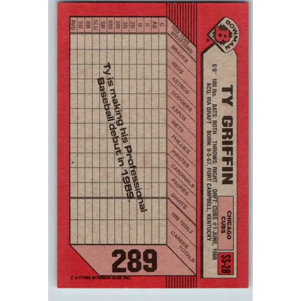 1989 Bowman #289 Ty Griffin NM-MT Chicago Cubs Baseball Card - Baseball Card Single