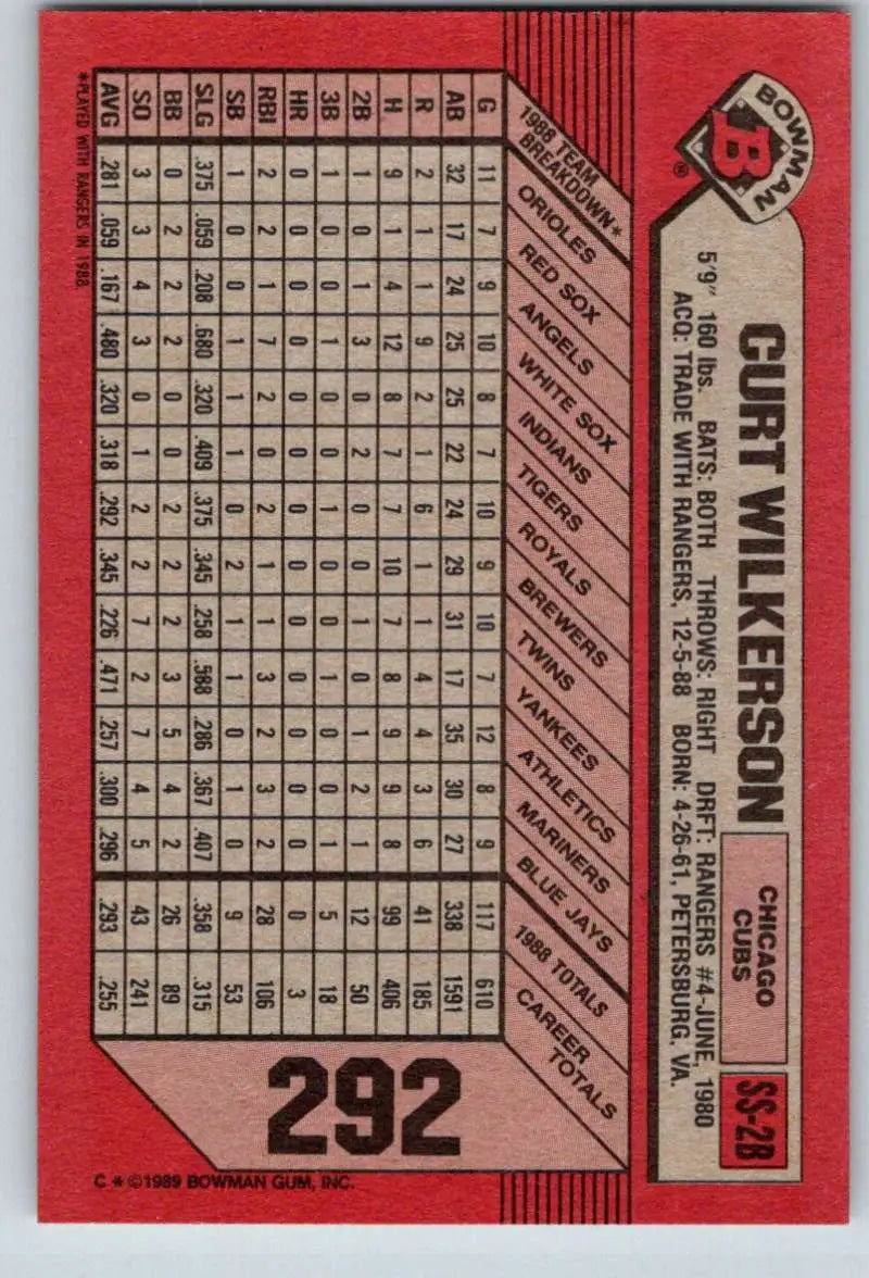 1989 Bowman #292 Curtis Wilkerson NM-MT Chicago Cubs Baseball Card - Baseball Card Single