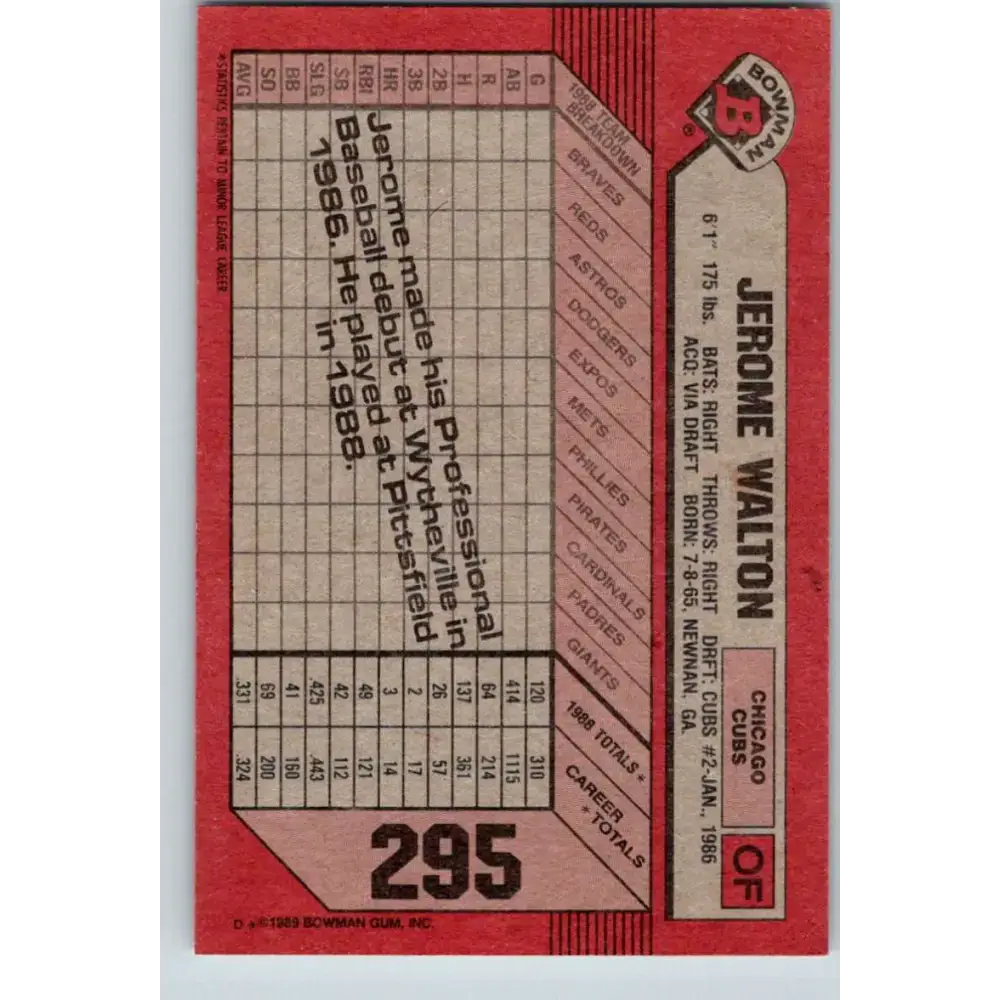 1989 Bowman #295 Jerome Walton NM-MT RC Rookie Chicago Cubs Baseball Card - Baseball Card Single