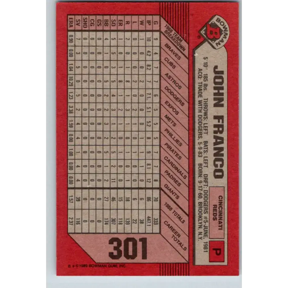 1989 Bowman #301 John Franco NM-MT Cincinnati Reds Baseball Card