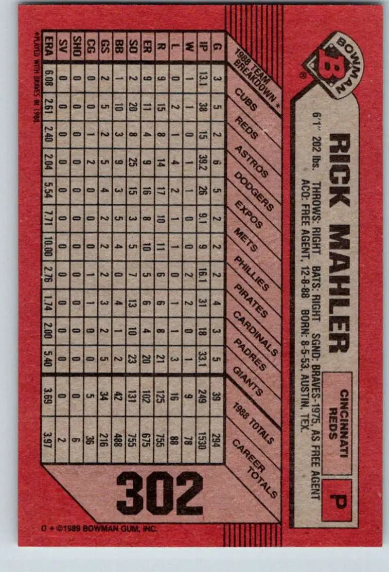 1989 Bowman #302 Rick Mahler NM-MT Cincinnati Reds Baseball Card - Baseball Card Single
