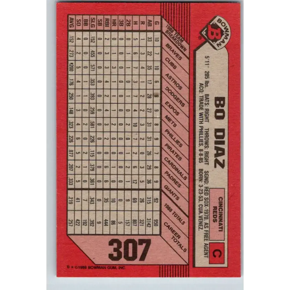 1989 Bowman #307 Bo Diaz NM-MT Cincinnati Reds Baseball Card - Baseball Card Single