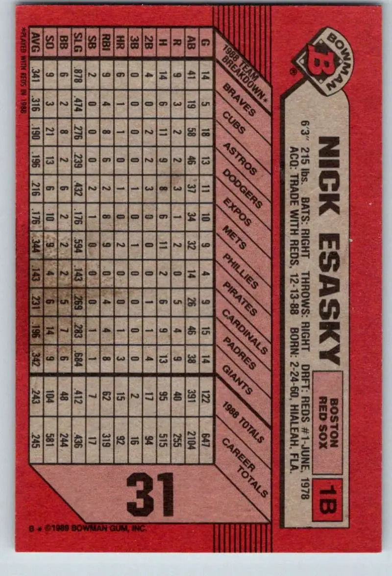 1989 Bowman #31 Nick Esasky NM-MT Boston Red Sox Baseball Card - Baseball Card Single