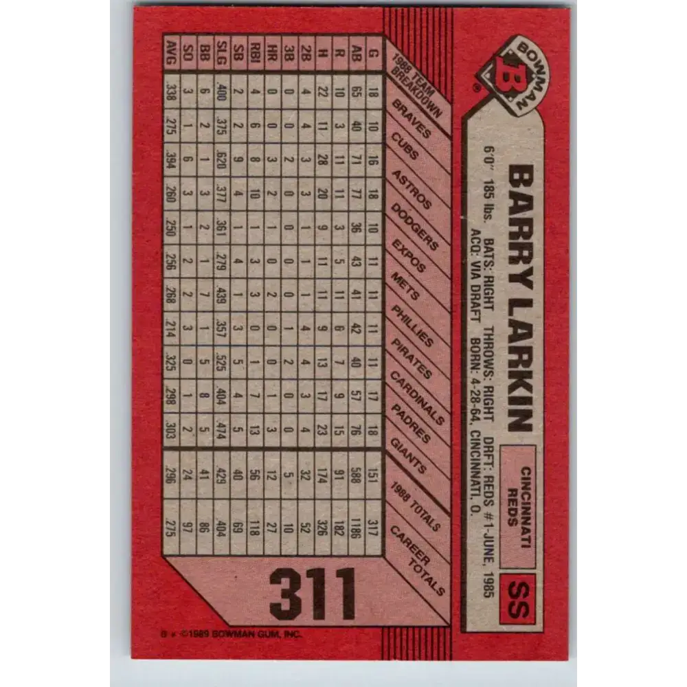 1989 Bowman #311 Barry Larkin NM-MT Cincinnati Reds Baseball Card - Baseball Card Single