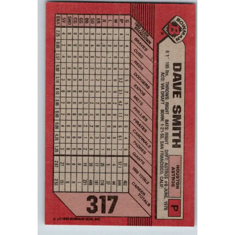 1989 Bowman #317 Dave Smith NM-MT Houston Astros Baseball Card - Baseball Card Single