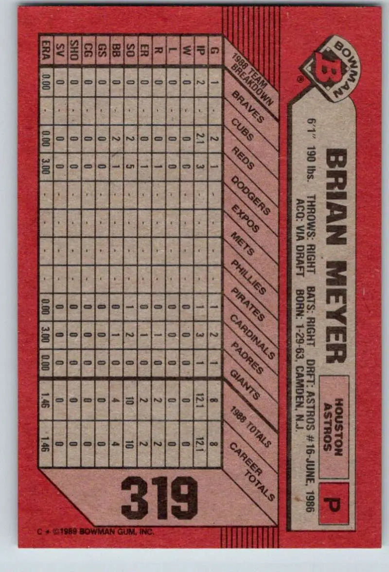 1989 Bowman #319 Brian Meyer NM-MT RC Rookie Houston Astros Baseball Card - Baseball Card Single