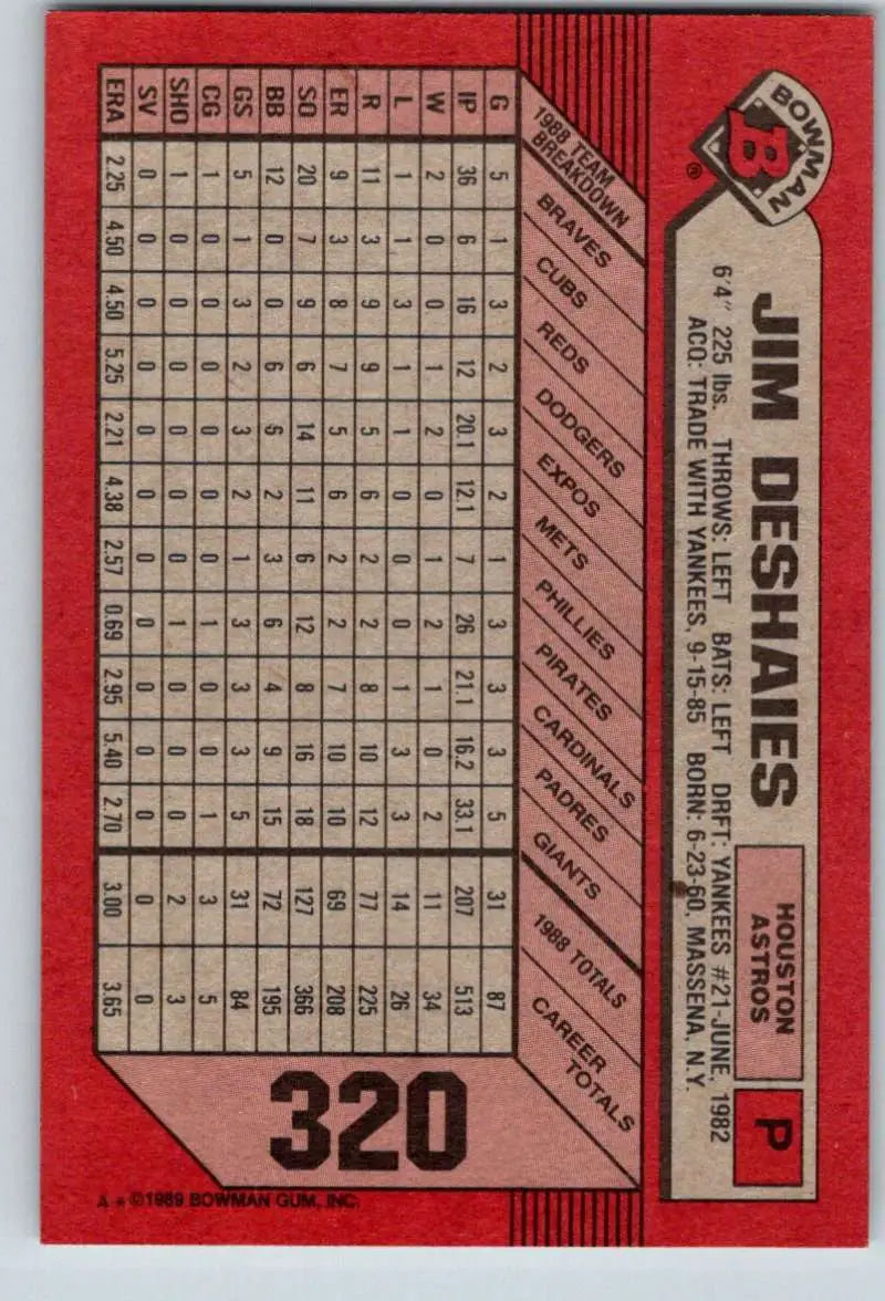 1989 Bowman #320 Jim Deshaies NM-MT Houston Astros Baseball Card - Baseball Card Single