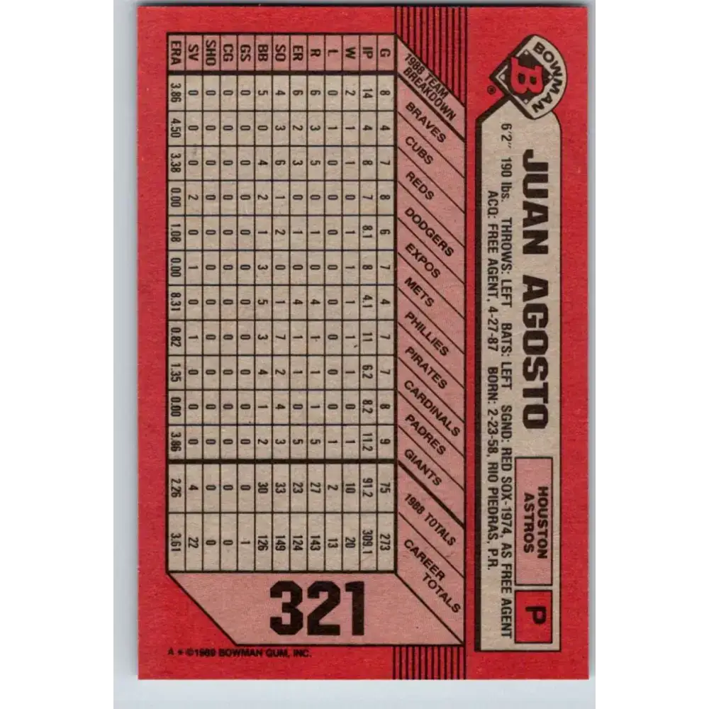 1989 Bowman #321 Juan Agosto NM-MT Houston Astros Baseball Card - Baseball Card Single