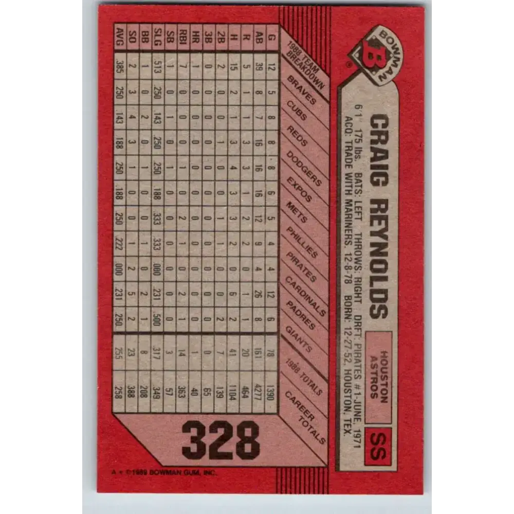 1989 Bowman #328 Craig Reynolds NM-MT Houston Astros Baseball Card - Baseball Card Single