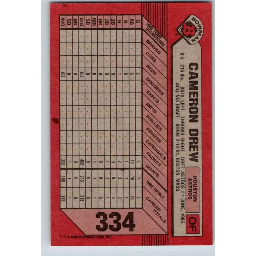 1989 Bowman #334 Cameron Drew NM-MT RC Rookie Houston Astros Baseball Card - Baseball Card Single