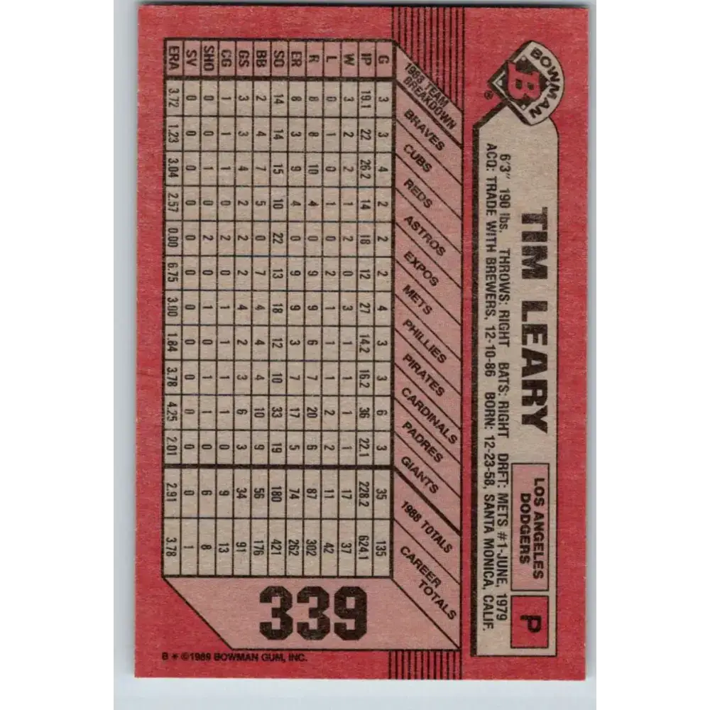 1989 Bowman #339 Tim Leary NM-MT Los Angeles Dodgers Baseball Card - Baseball Card Single