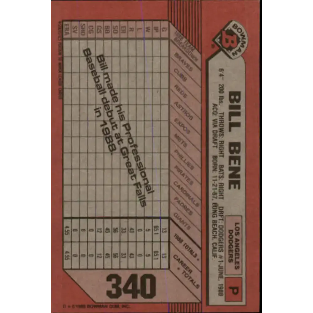1989 Bowman #340 Bill Bene NM-MT RC Rookie Los Angeles Dodgers Baseball Card - Baseball Card Single