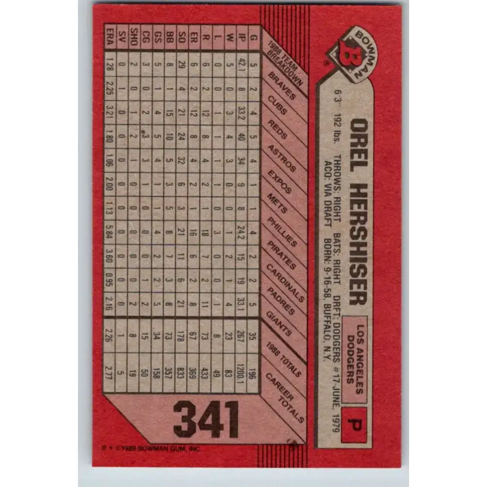 1989 Bowman #341 Orel Hershiser NM-MT Los Angeles Dodgers Baseball Card - Baseball Card Single