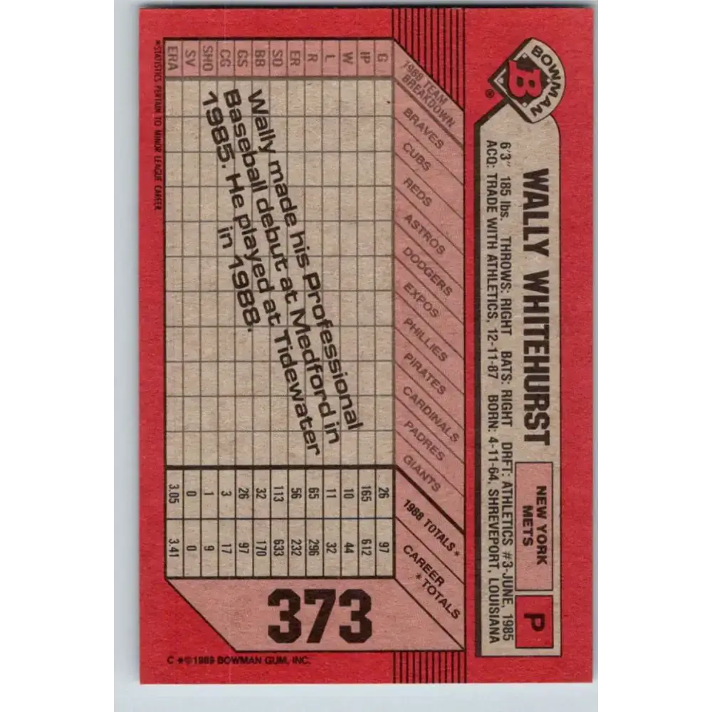 1989 Bowman #373 Wally Whitehurst NM-MT RC Rookie New York Mets Baseball Card - Baseball Card Single