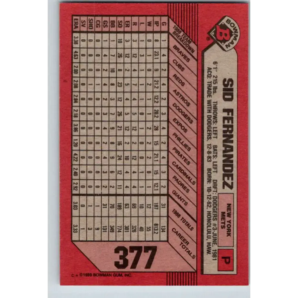 1989 Bowman #377 Sid Fernandez NM-MT New York Mets Baseball Card - Baseball Card Single