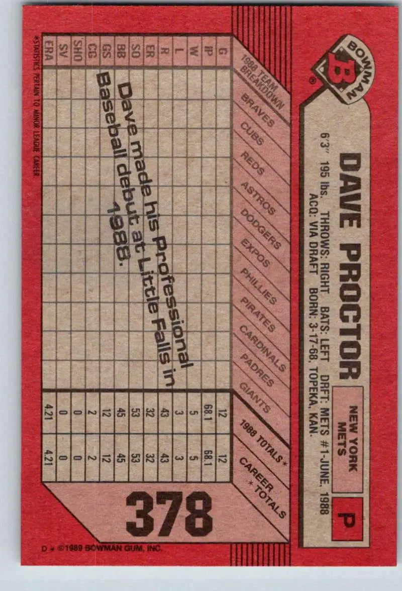 1989 Bowman #378 Dave Proctor NM-MT New York Mets Baseball Card - Baseball Card Single