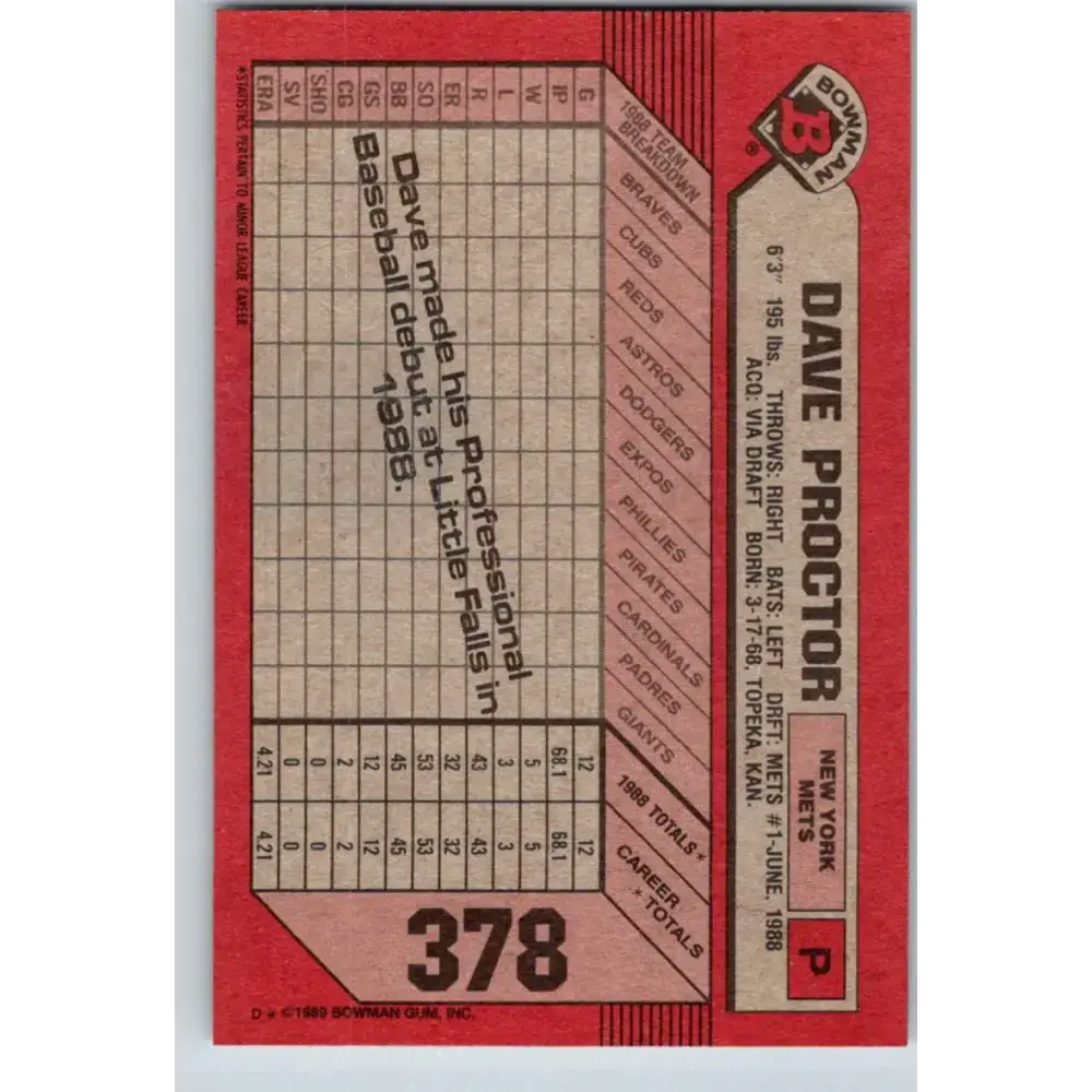 1989 Bowman #378 Dave Proctor NM-MT New York Mets Baseball Card - Baseball Card Single