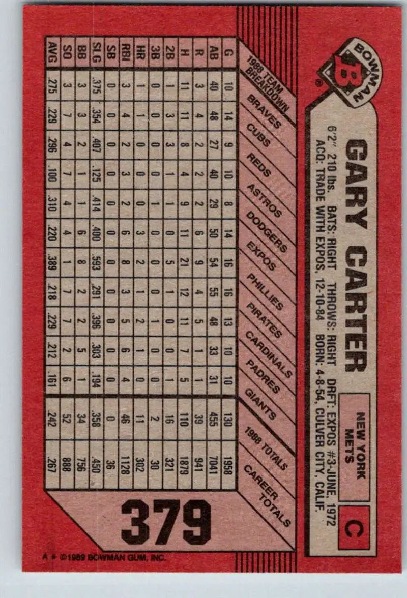 1989 Bowman #379 Gary Carter NM-MT New York Mets Baseball Card - Baseball Card Single