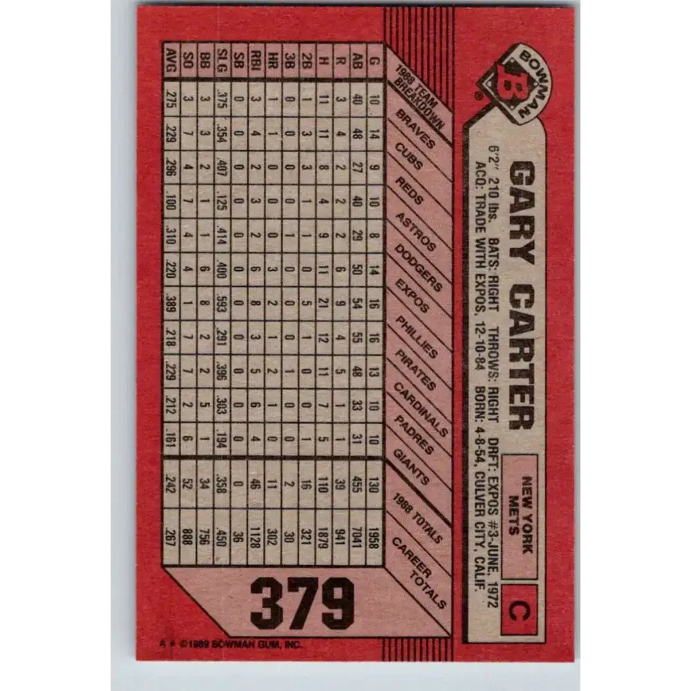 1989 Bowman #379 Gary Carter NM-MT New York Mets Baseball Card - Baseball Card Single